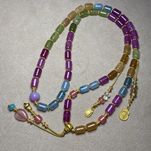 文玩巴西水晶冰种小清新糖果色彩红碧玺色水晶桶珠多宝项链手链