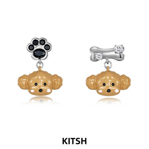 KITSH泰迪小狗不对称耳钉925银针