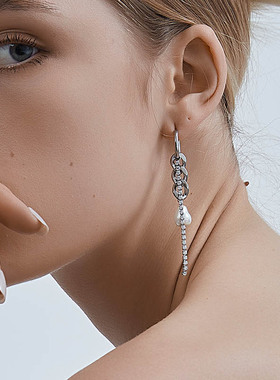 KITSH链条珍珠锆石耳钉女小众ins欧美冷淡风潮酷高级质感时尚耳环