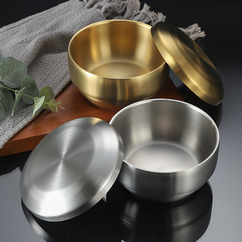 韩式304双层不锈钢米饭碗带盖碗家用汤碗防烫儿童韩国料理泡菜碗