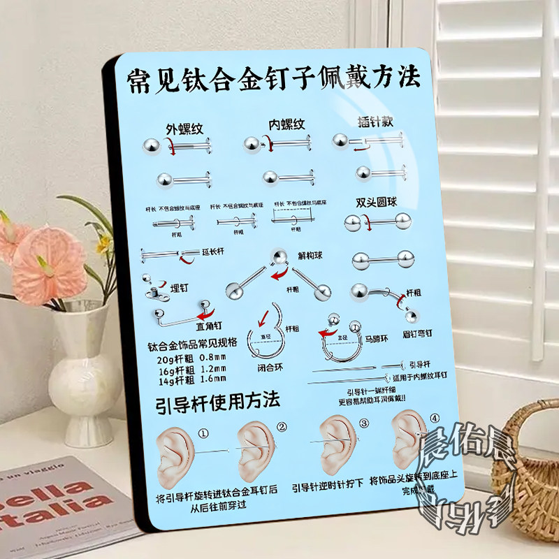 穿孔钛合金饰品佩戴方式说明相框摆件穿刺饰品店教程展示摆台