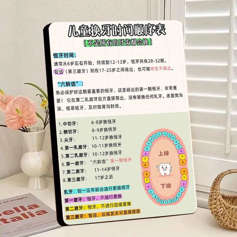 儿童换牙时间顺序科普相框家用育儿早教诊所装饰画相框桌面摆件画