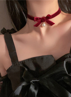 植绒红色蝴蝶结水滴珍珠项链秋冬氛围感甜美百搭颈链轻奢小众饰品