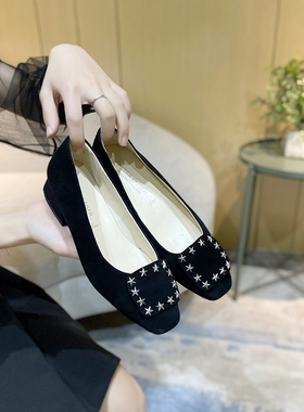 现货宽楦德国女鞋2024春季PLUS加宽小方头低跟星星真皮单鞋33765