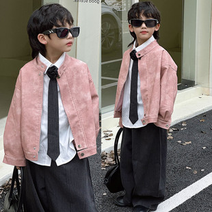 男孩春装 韩版 机车服潮 痞帅风男童粉色夹克衫 儿童皮衣外套2026新款