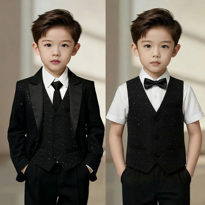 男童西装套装黑色英伦风花童高端男孩小主持人礼服男孩钢琴演出服