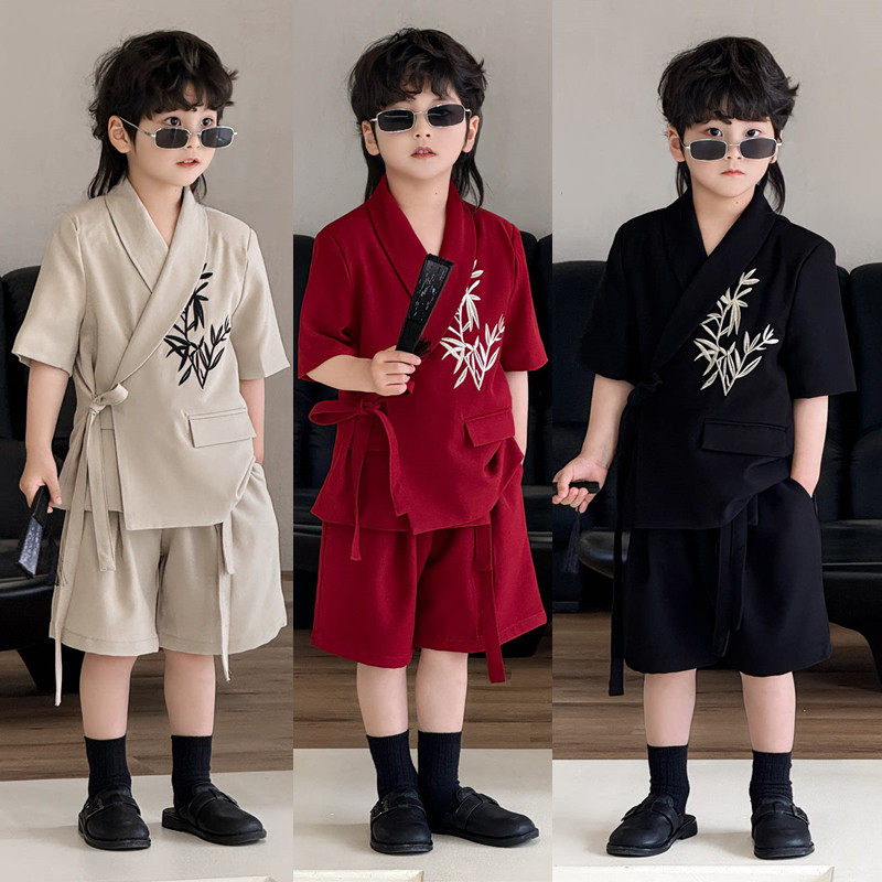 新中式男童小主持人礼服夏季儿童西装套装汉服国风刺绣走秀演出服