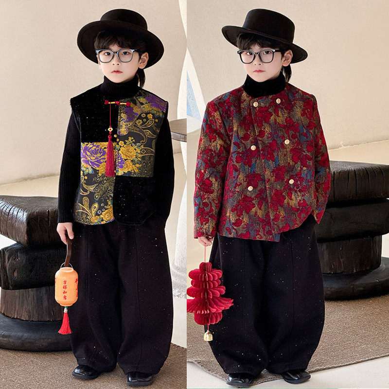 男童新中式套装2026新款冬季中国风儿童唐装加绒国风马甲拜年衣服,童装/婴儿装/亲子装,唐装,淘宝优惠券,粉丝福利购,淘宝优惠卷