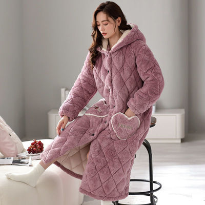 加棉睡袍女冬季三层加厚夹棉睡衣加长款保暖超厚冬天大码连帽浴袍