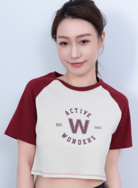 女夏季新款学生妹气质短款插肩袖撞色圆领短袖运动风格t恤240805