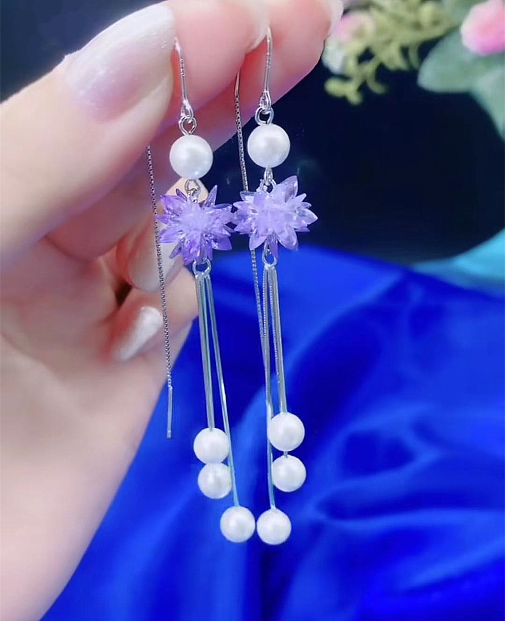 紫色水晶冰花耳线女气质时尚s925银针珍珠耳坠长流苏耳环网红耳饰