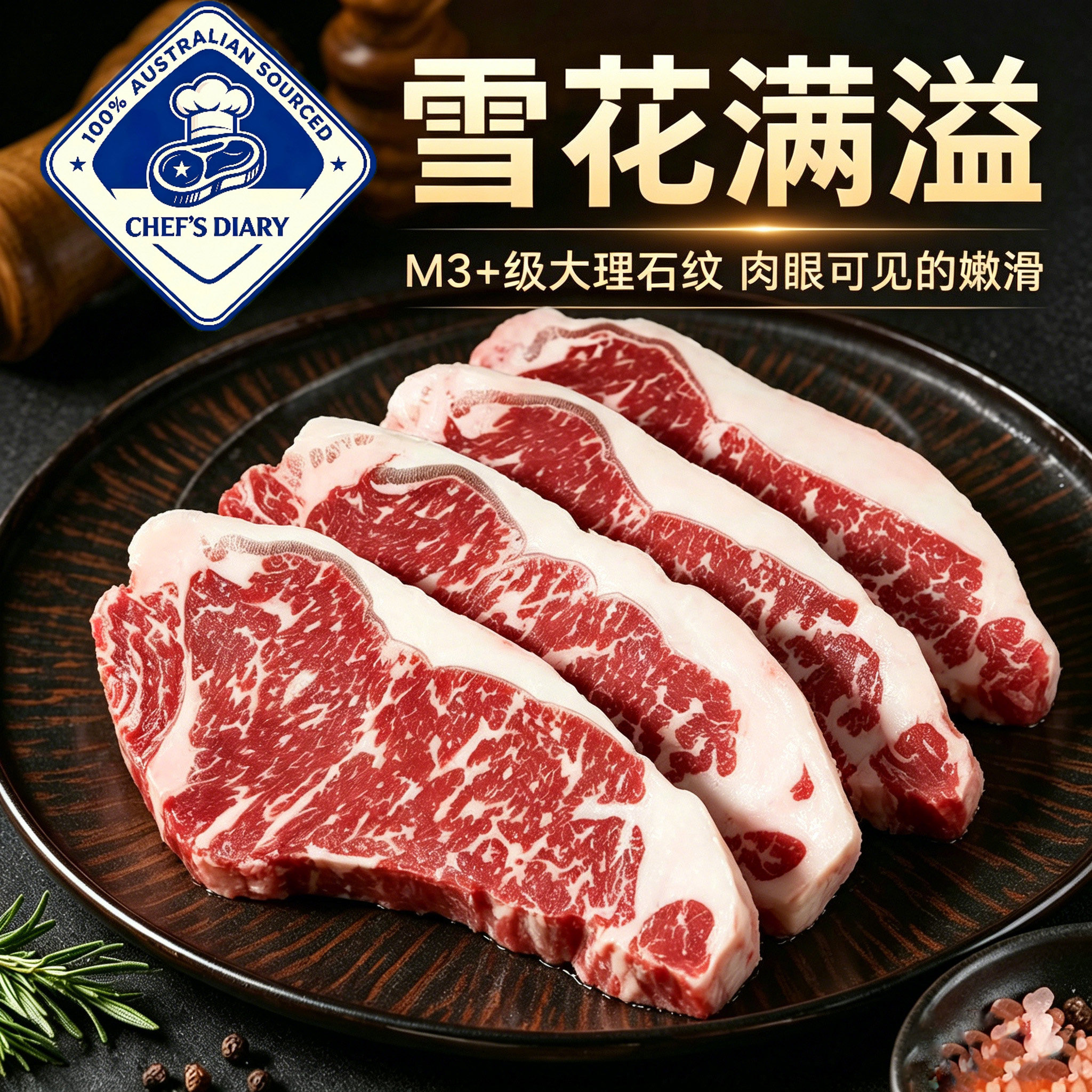 澳洲进口原切谷饲安格斯M3+西冷牛排健身雪花新鲜牛肉