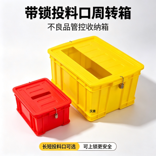 红色不良品放置箱带锁头盒黄色带盖隔离箱不合格品收纳带锁投料箱