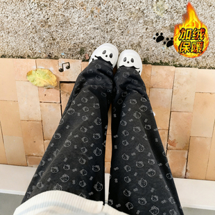 初中女生裤子冬秋直筒卡通阔腿裤女2025新款加绒运动裤满印休闲裤