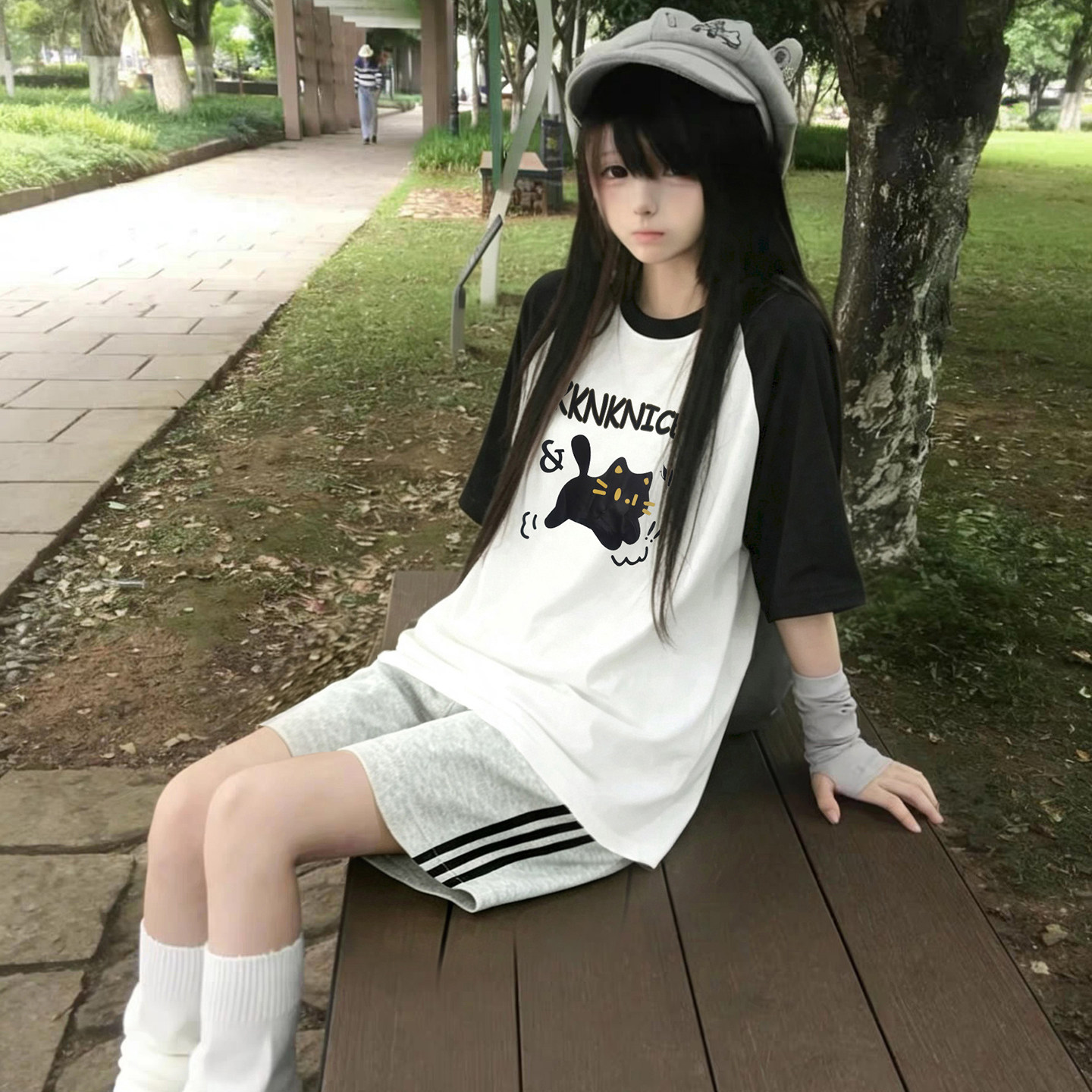 灰色运动短裤女初中生少女穿搭套装夏装学院风小猫T恤宽松短袖衫