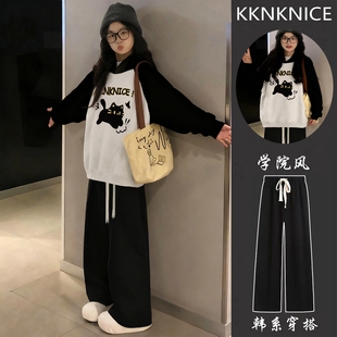 韩版连帽卫衣女初中生女学生外套女2025新款黑色裤子休闲运动套装