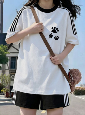 韩版ins宽松条纹短袖短裤套装女