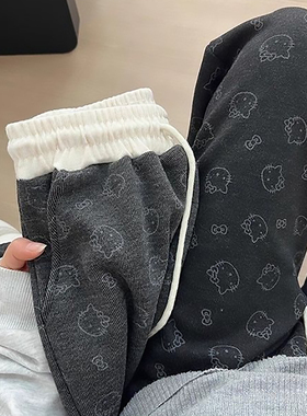 糯米裤女秋冬印花深灰色阔腿裤2025新款加绒裤子初中生女孩休闲裤