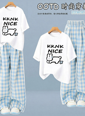 学院风套装少女装夏季初中生宽松短袖t恤休闲蓝色格子裤两件套潮