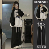 女秋春季 女小个子阔腿裤 穿搭连帽 女初中生女孩卫衣套装 黑色运动裤