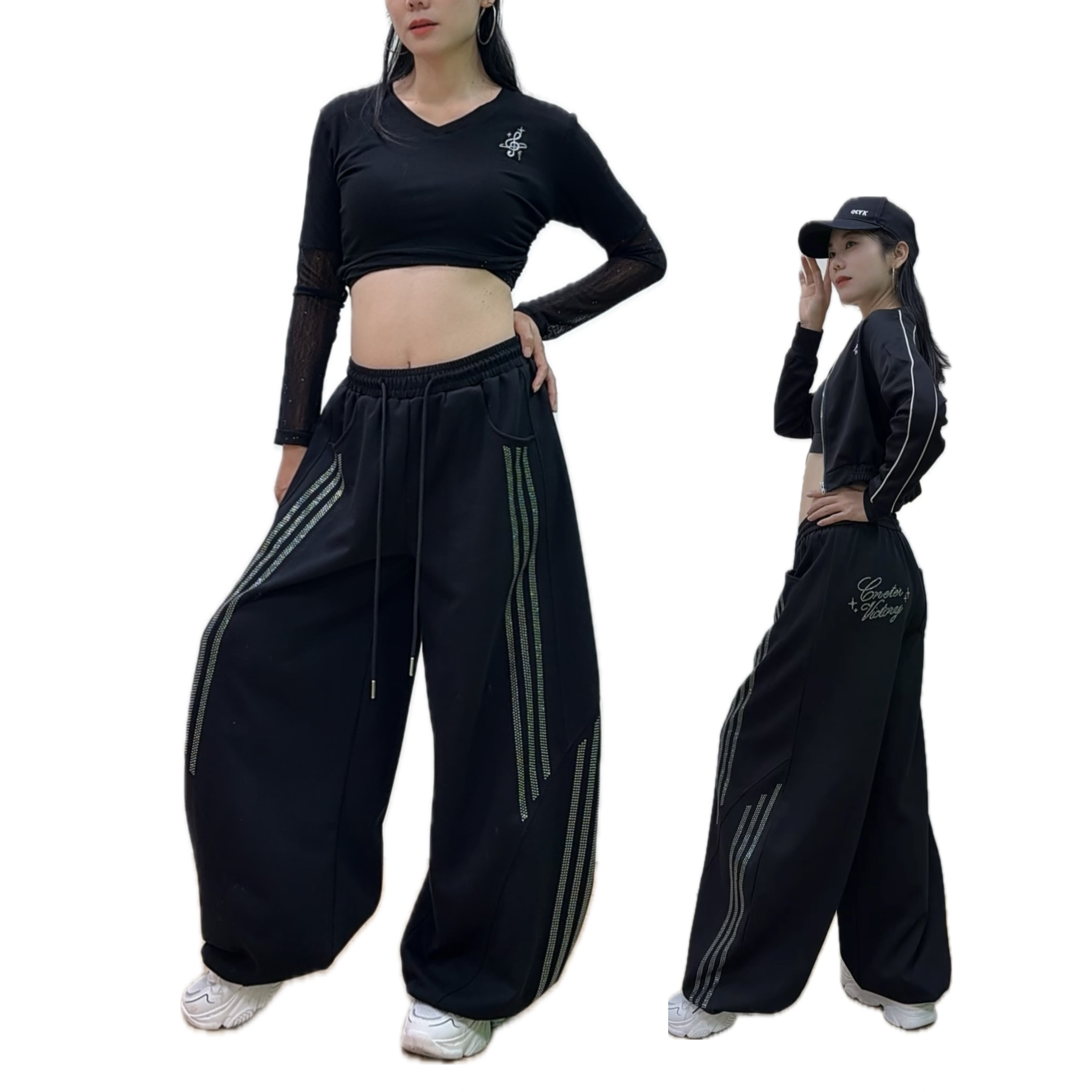 8388秋冬新款亮闪钻石三杠长裤广场曳步舞爵士现代舞百搭宽松卫裤