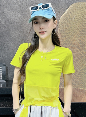 9565广场曳步舞夏季新款半网纱飘带短袖T恤休闲运动爵士舞蹈上衣