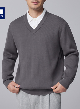 墨麦客装竖条肌理V领针织衫2024冬新款简约宽松男士毛衣20802