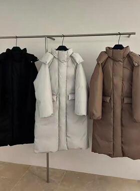 hello新款羽绒服女复古可拆连帽长款羽绒服宽松过膝面包服潮V7630