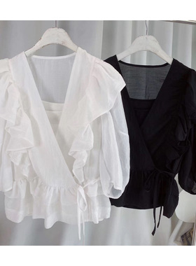 2020新款女装上衣女v领洋气半袖荷叶边白衬衫女夏季配吊带两件套