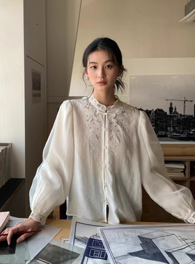 miluroom衬衣女新款女装长袖国风复古刺绣春季小众立领上衣