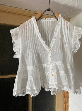 2025夏季新款女装时尚复古V领短袖苎麻衬衫女气质显瘦减龄上衣