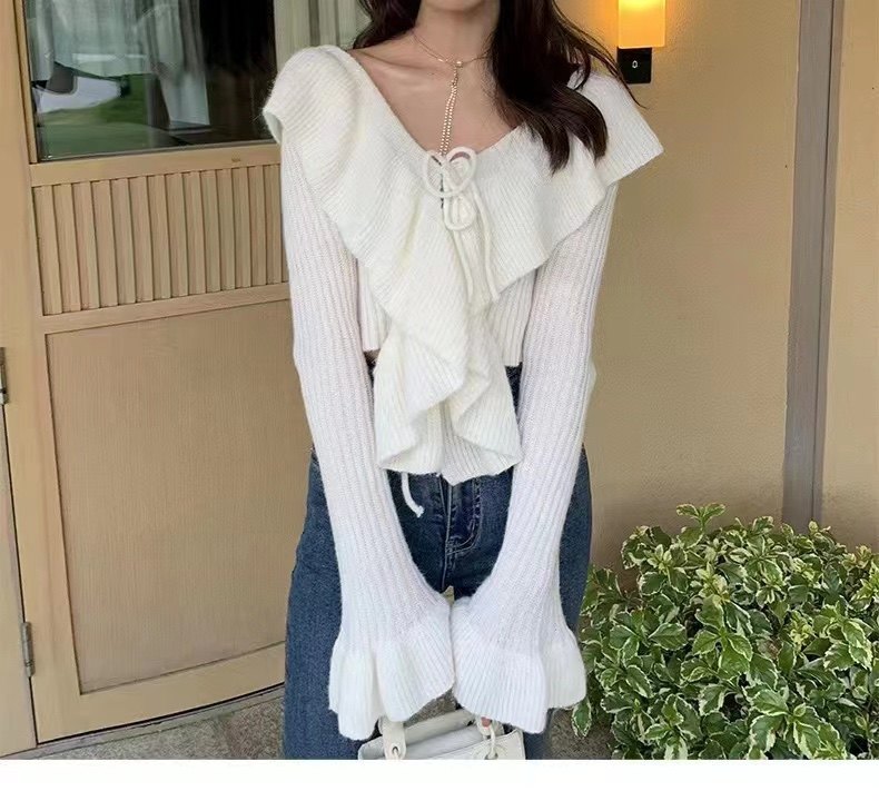 2025春秋纯欲风小众设计感荷叶边毛衣针织系带减龄上衣女喇叭袖,女装/女士精品,毛衣,淘宝优惠券,粉丝福利购,淘宝优惠卷