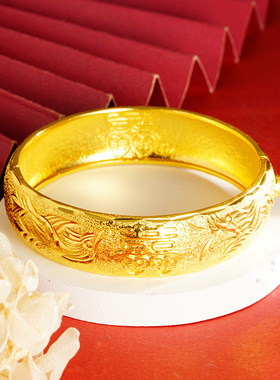 龙凤手镯百年好合越南沙金雕花纹饰双薪临门婚庆送礼饰品义乌批发