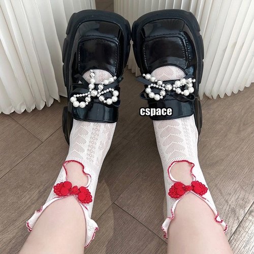 甜美中筒袜薄款夏季国风红白撞色