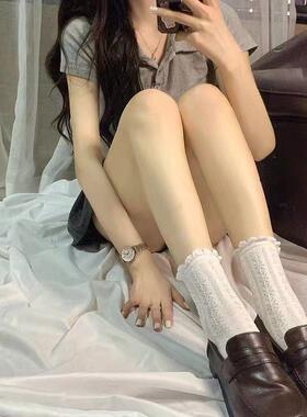 日系夏季泡泡口花边JK中筒袜子女白色麻花袜子棉袜薄款米白堆堆袜