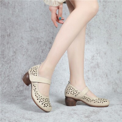 21082木森鸟镂空玛丽珍鞋女低跟软底休闲洞洞鞋一字带透气凉鞋