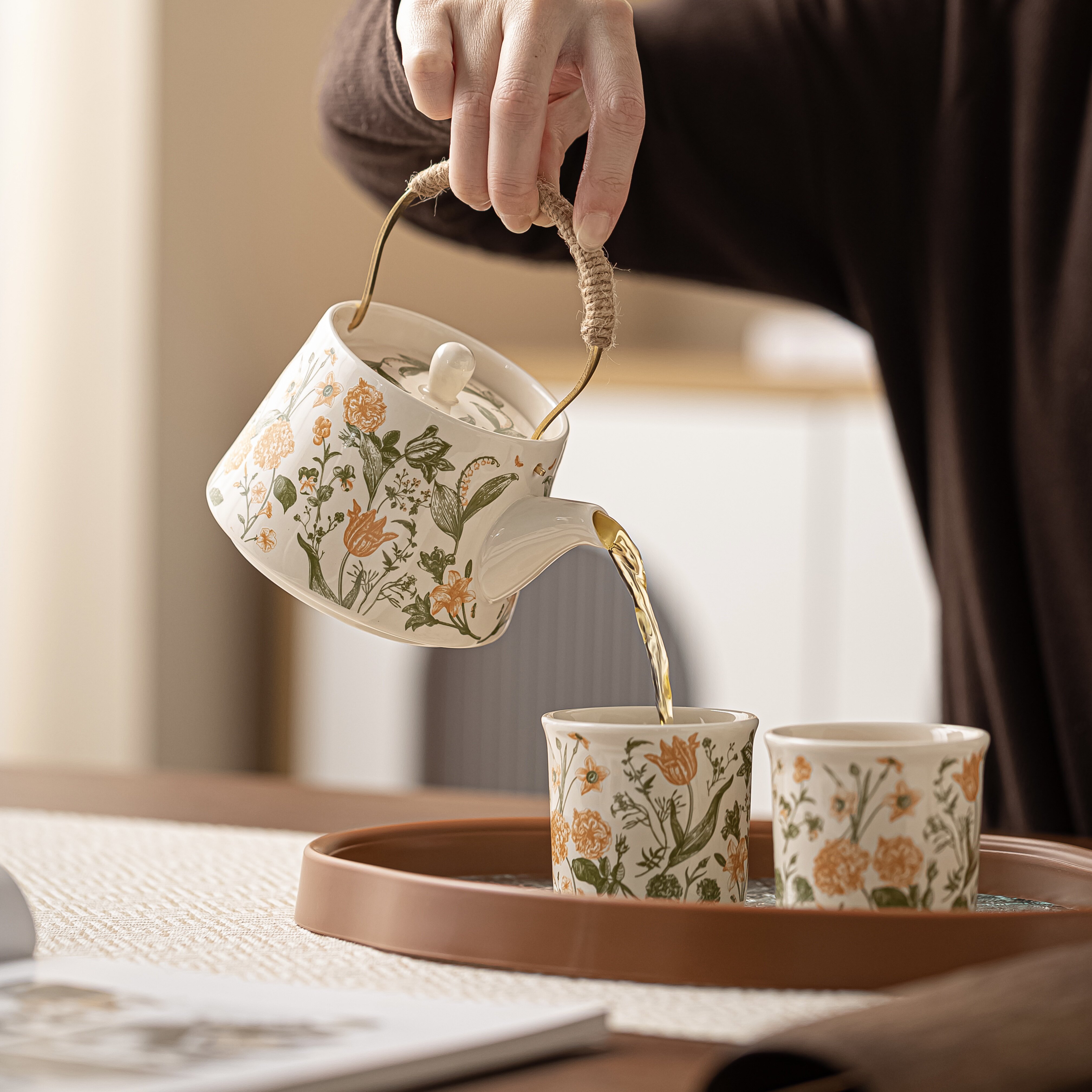 泡茶壶陶瓷茶具套装带托盘客厅家用高档田园风高颜值女生茶具