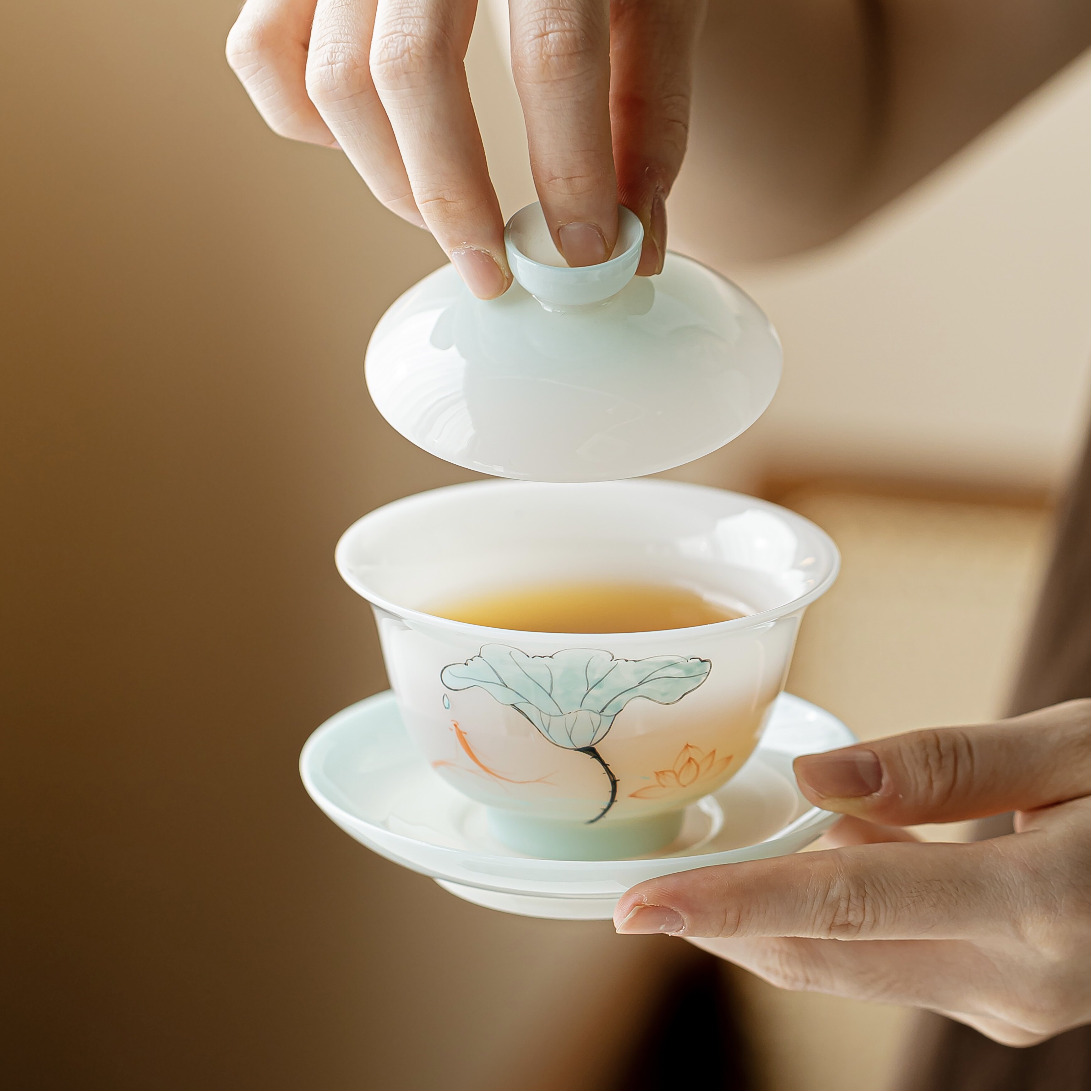 璞玉瓷手绘釉下彩青莲盖碗茶杯功夫茶具套装送礼易清洗陶瓷品茗杯