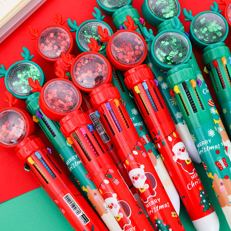 创意鹿角多色圆珠笔圣诞亮片10色按动手账彩色笔学生学习文具礼物