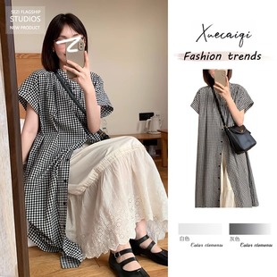 日系复古夏季穿搭一整套黑白格子衬衫长裙女2025新款学院风连衣裙
