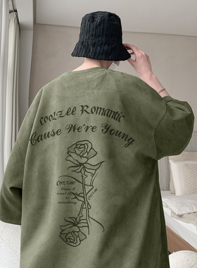 潮牌麂皮绒玫瑰花烧花T恤 军绿色 T334/特批25 控38