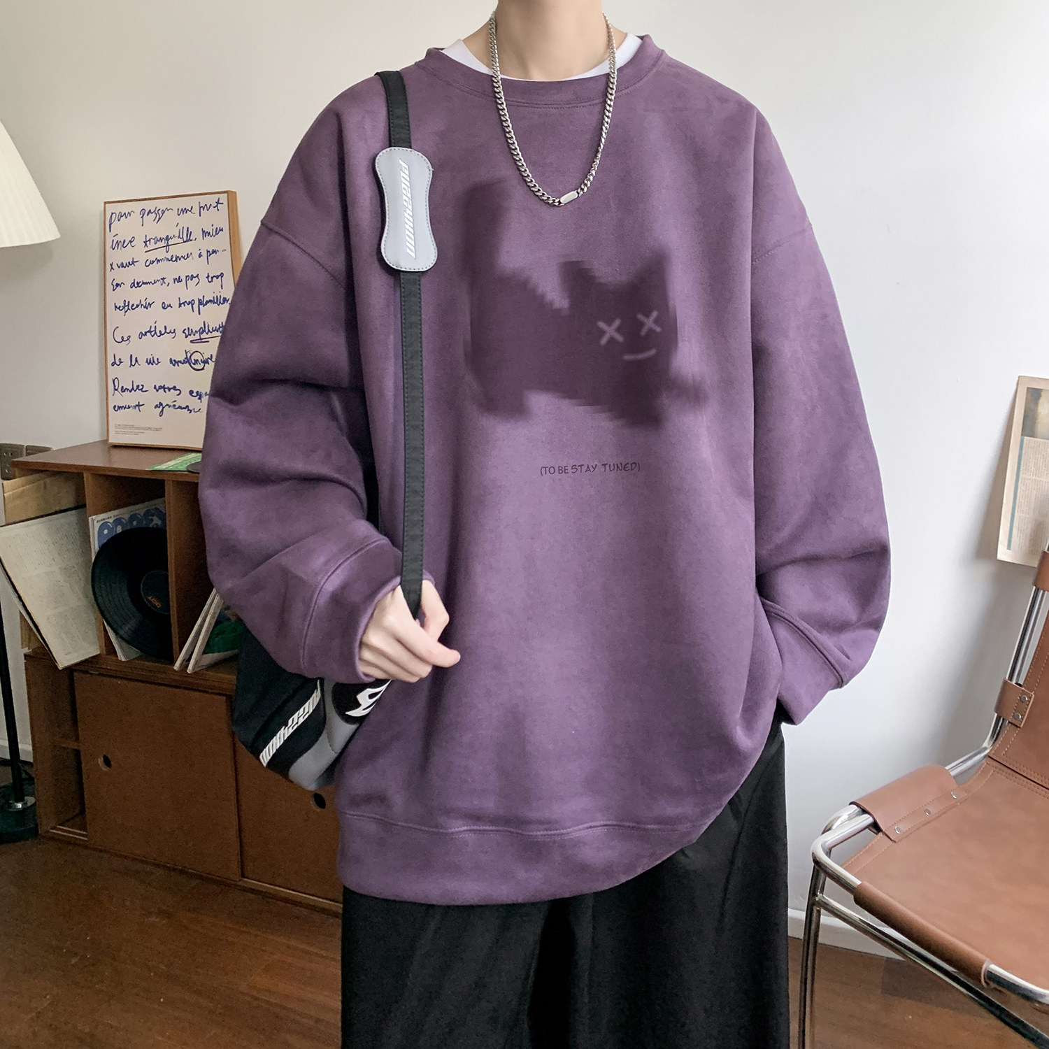 重磅麂皮绒小猫烧花圆领秋季情侣卫衣W635/P48控68,男装卫衣,电商C413