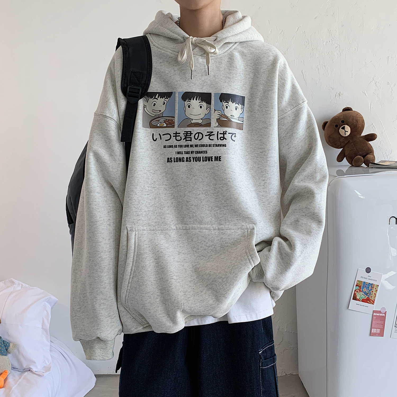 秋冬休閒卡通印花寬鬆連帽套頭衛衣外套