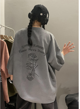 夏季麂皮绒宽松烧花短袖T恤 深灰色 T334/特批25  控38