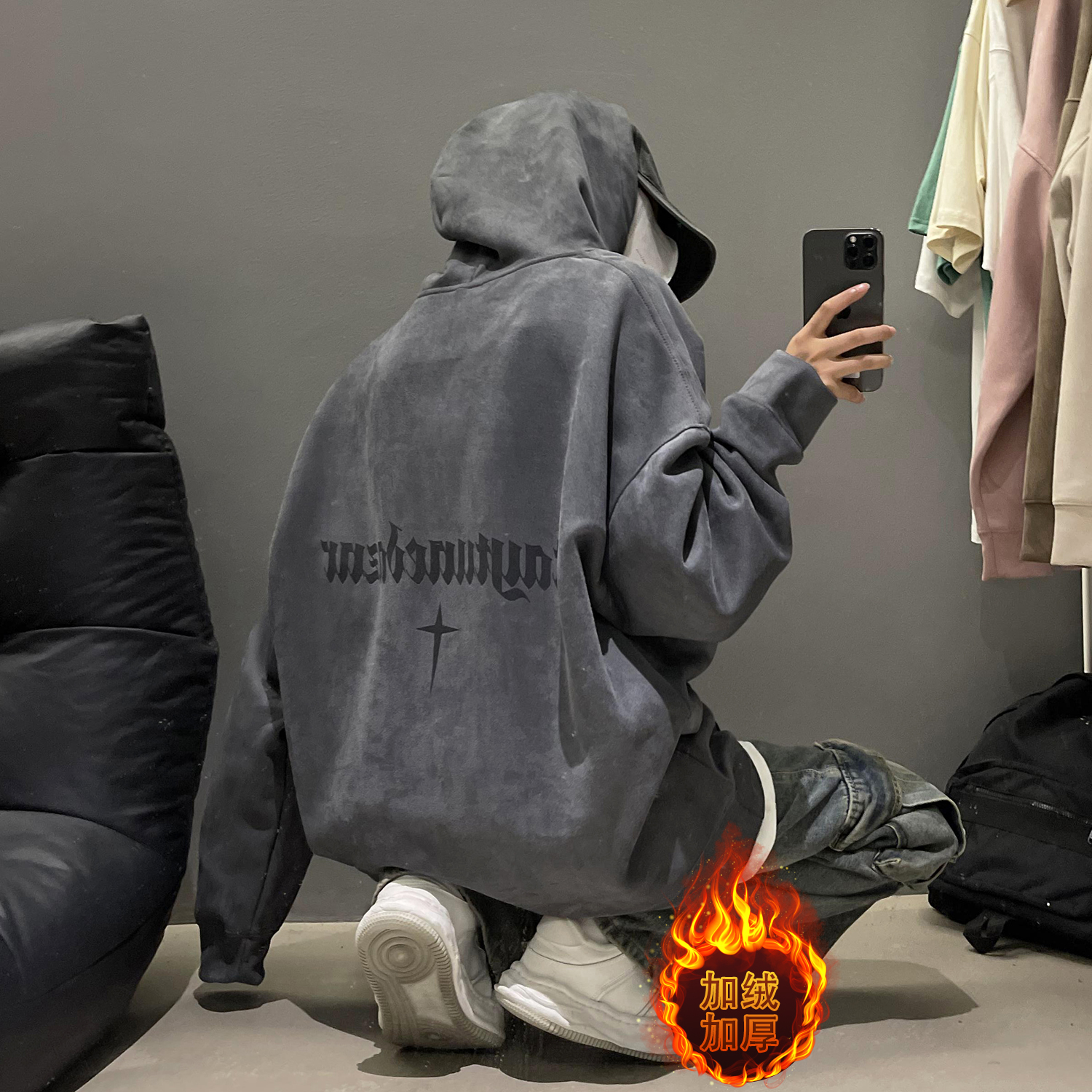 加绒保暖麂皮绒连帽卫衣外套 D502/常规P40 加绒P45 控68，男装棉衣，电商C413