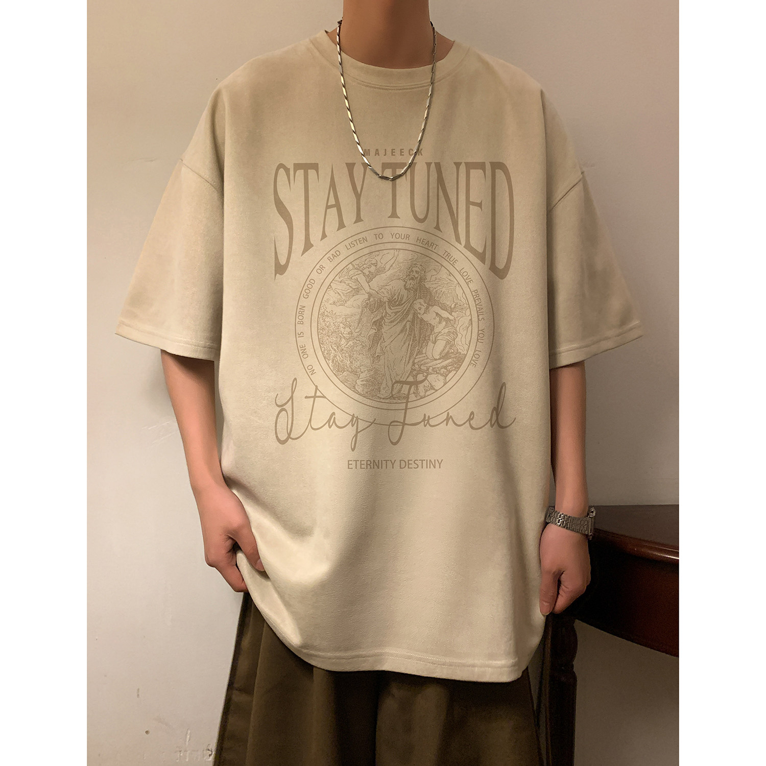 麂皮绒烧花休闲短袖T恤深灰色T380/特批25控38,男装T恤,电商C413