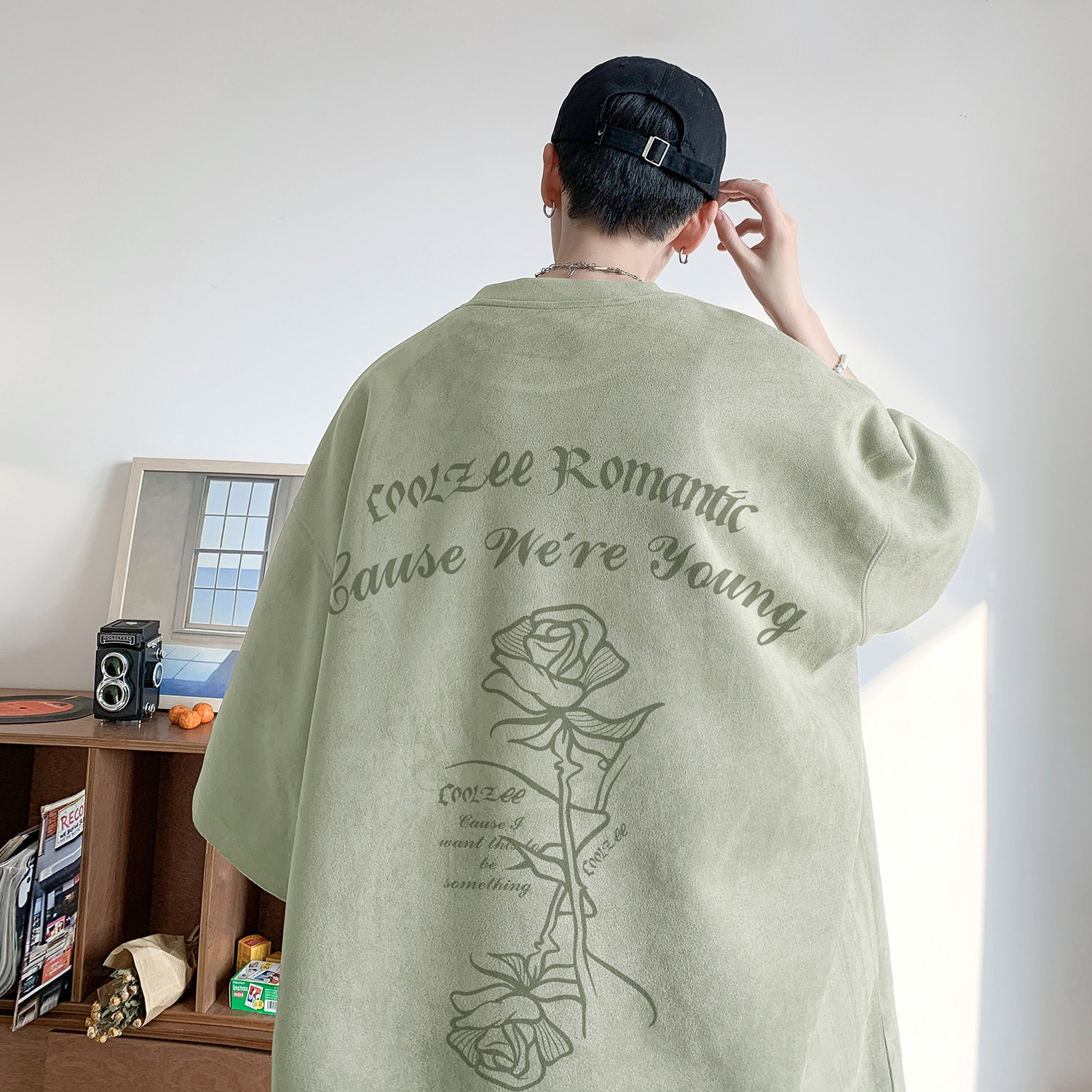 玫瑰花麂皮绒烧花短袖T恤粉色T334/特批25控38,男装T恤,电商C413