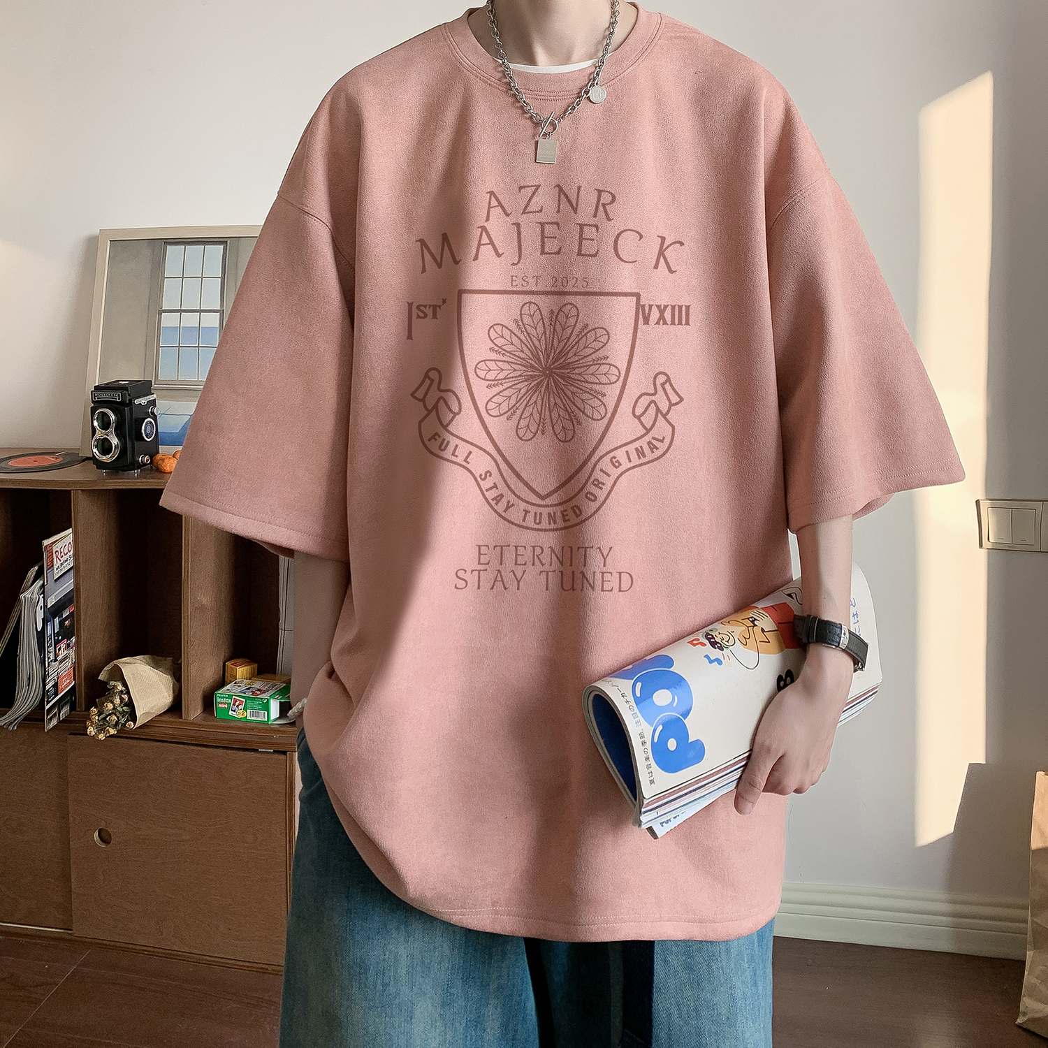 粉色美式烧花情侣短袖麂皮绒T恤DT2557/P25控39，男装T恤，电商C413
