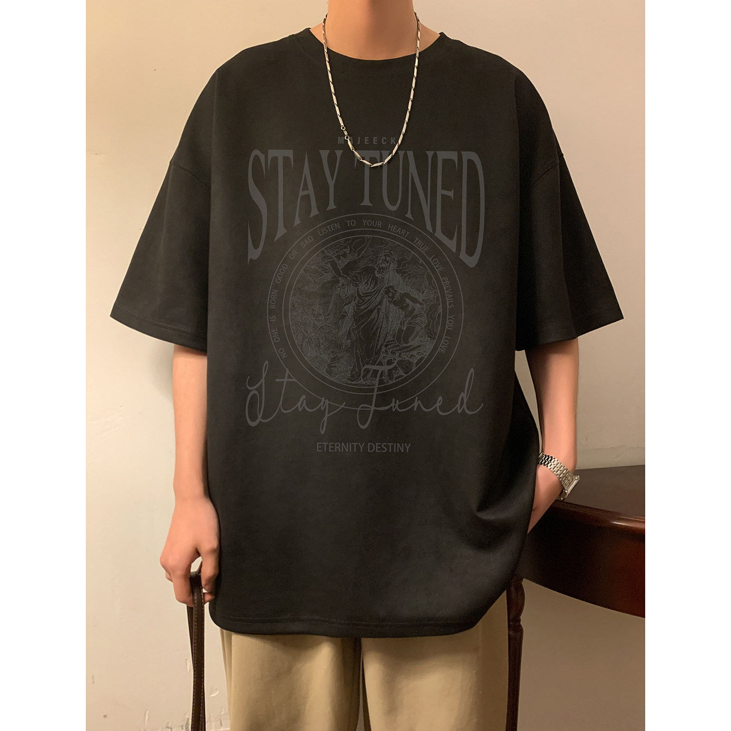 麂皮绒烧花休闲短袖T恤深灰色T380/特批25控38,男装T恤,电商C413