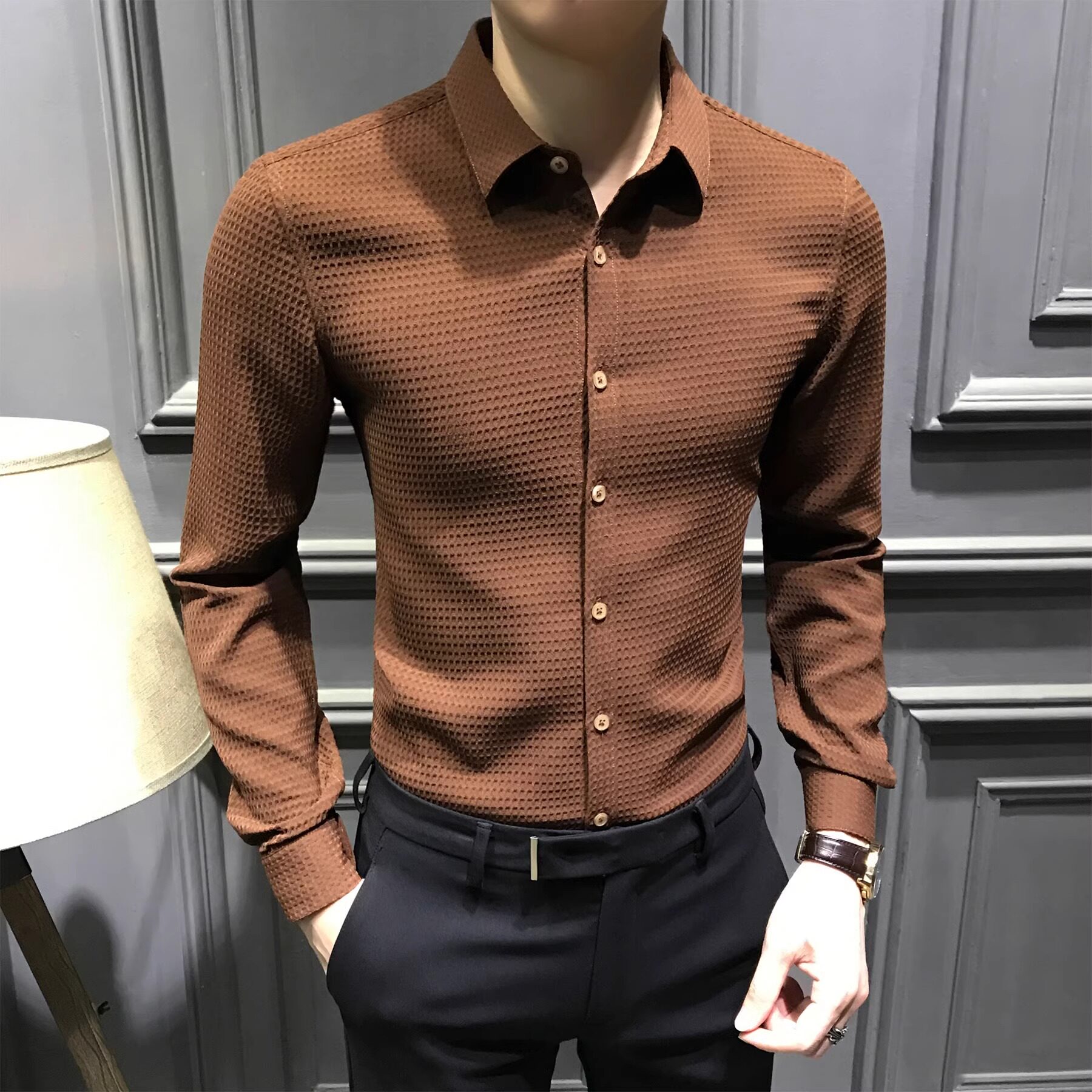 LL男装衬衫男长袖高级感内搭修身休闲2025年新款商务上衣加厚保暖